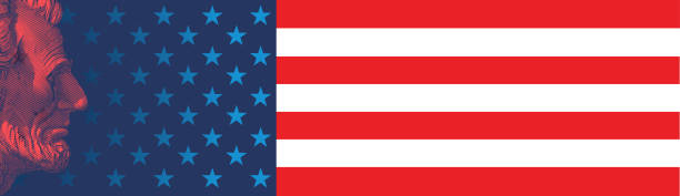 istock Red vintage drawing of Abraham Lincoln isolated on USA flag BG 1270686843