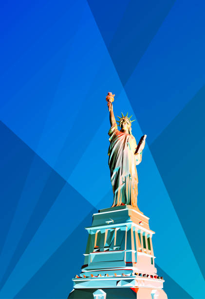Polygonal statue of Liberty illustration isolated on blank blue night BG Colorful low poly liberty lady statue vector illustration in perspective worm eye view night mood tone with spotlight isolated on blue background immigrants crossing sign stock illustrations