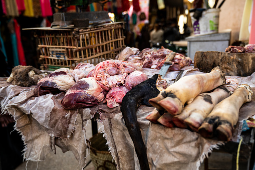 A table of animal parts for sale at a market in Luxor, Luxor Governorate, Egypt