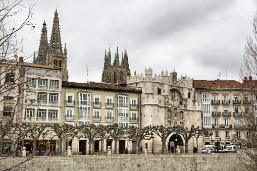 Santa Maria arch with the cathedral in the background in Burgos, Spain in Burgos, CL, Spain