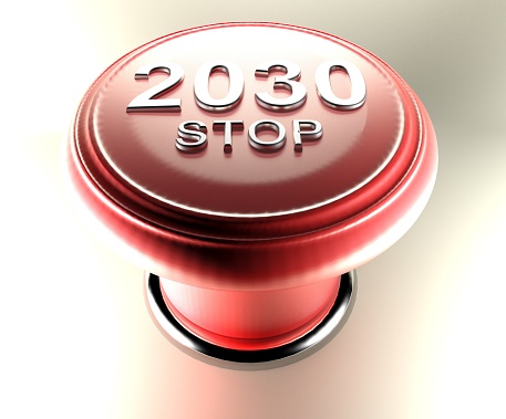 2030 STOP on red emergency push button - 3D rendering illustration