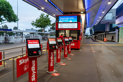 Melbourne Australia - December 11 2019; SkyBus picks up passengers area at Melbourne Airport, Australia.