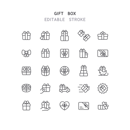 Set of gift box line vector icons. Editable stroke.