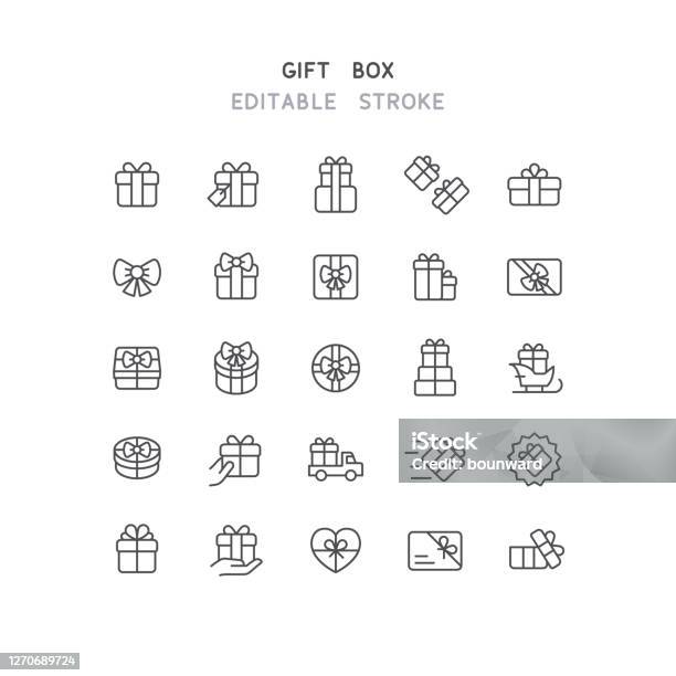 Gift Box Line Icons Editable Stroke Stock Illustration - Download Image Now - Gift, Icon, Vector