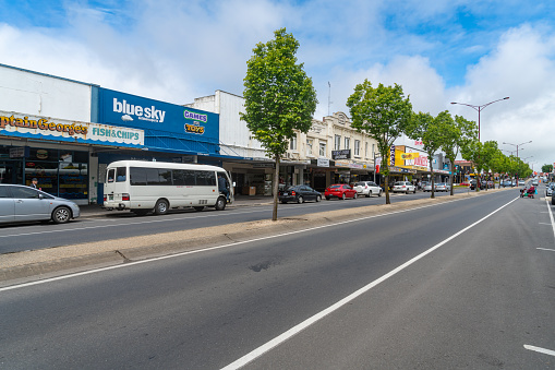 Colac, Victoria, Australia - December 13, 2019: The main street view close to Memorial Square, Grassy park dedicated to those who served in WWI, featuring picnic tables, a barbecue & playground.