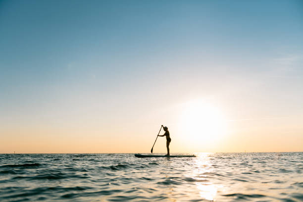 Woman Paddle Boarding Woman paddle boarding at the Outer Banks outer banks north carolina stock pictures, royalty-free photos & images