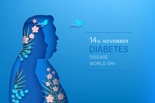 World diabetes day horizontal banner World diabetes day poster. 14th November. Woman and man silhouettes in paper cut style with shadow on a blue background. Front view slim woman, fat man, flowers, branches, birds. Vector illustration. diabetes backgrounds stock illustrations