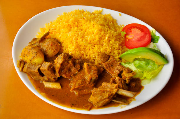 istock Goat stew with rice and salad 1270695287