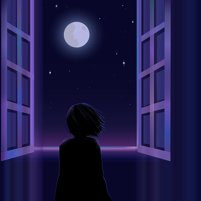 Silhouette of a little child is standing near the window and looking at the moon and starry sky. Vector illustration.