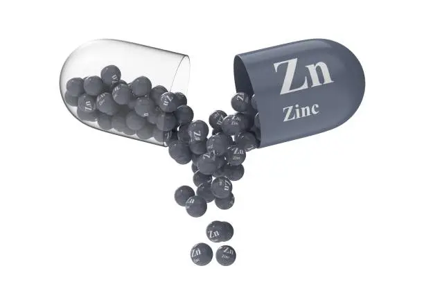 Open capsule with zinc from which the vitamin composition is poured. Medical 3D rendering illustration