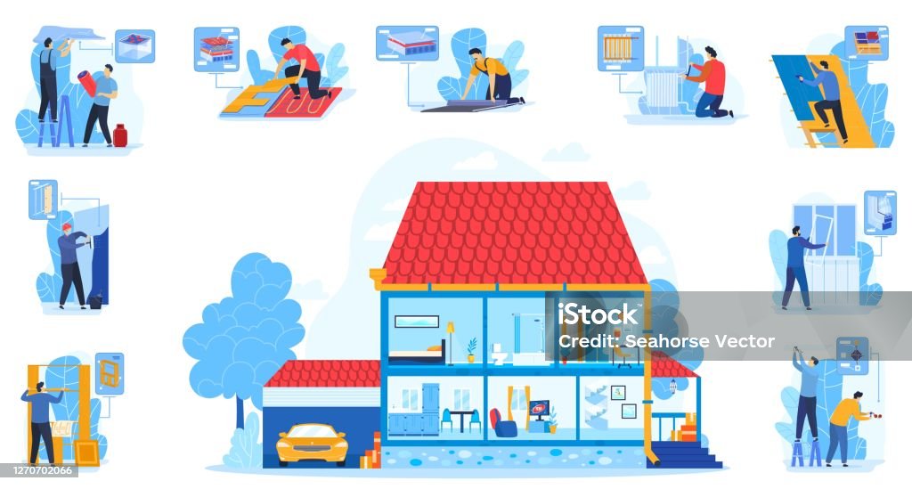 House Design Vector Illustration Cartoon Flat House Cutaway With Modern  Household Room Interior Designer Constructor People Stock Illustration -  Download Image Now - iStock