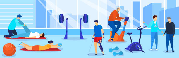 Therapy rehabilitation vector illustration, cartoon flat people with disabilities doing rehab sport exercise in gym background Therapy rehabilitation vector illustration. Cartoon flat people with disabilities doing rehab sport exercise in gym, characters practicing physiotherapy with doctor therapist instructor background cartoon of the older people exercising gym stock illustrations