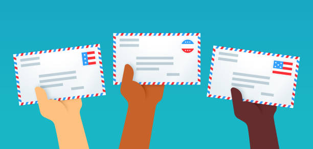 Patriotic Letters Voting By Mail American culture patriotic letters hands holding pieces of mail or an envelope for sending or receiving. government borders stock illustrations