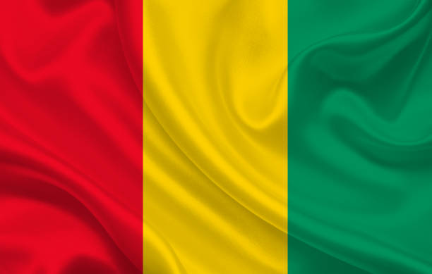 istock Guinea country flag on wavy silk fabric background panorama 1270702457