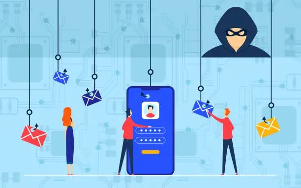 Vector illustration of Phishing attack vector illustration, cartoon flat hacker cyber criminal character using fishing hook, cybercrime background