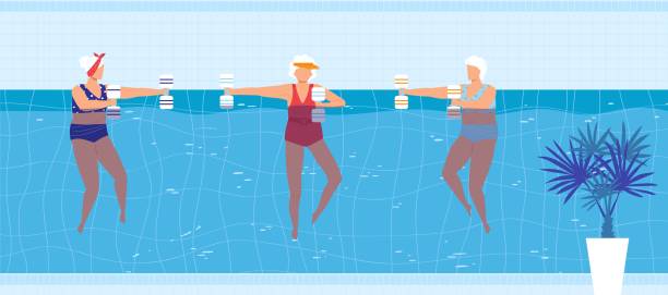 Sport swim activity in pool vector illustration, cartoon flat elderly woman swimmer character group doing exercise with dumbbells Sport swim activity in pool vector illustration. Cartoon flat elderly woman swimmer character group doing exercise with dumbbells, active old people swimming in blue pool water of aqua park background aerobics stock illustrations