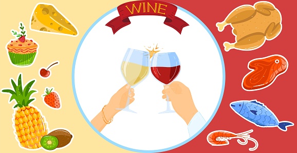 Cheers wine tasting vector illustration. Cartoon flat wine alcohol drink concept with human winelover hands holding wineglasses of red or white surrounded by tasty food, cheese meat fish fruit dessert