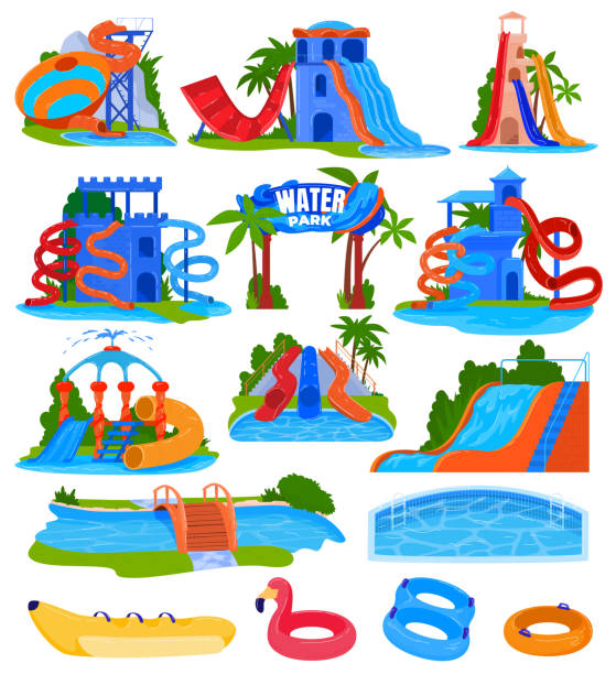 Water amusement park vector illustration set, cartoon flat spiral plastic water slides and pipes with pool in aquapark attractions Water amusement park vector illustration set. Cartoon flat spiral plastic water slides and pipes with pool in aquapark, waterpark for fun summer outdoor activity, aqua attractions isolated on white aquatic organism stock illustrations