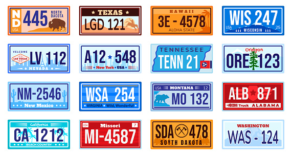American car number plate vector illustration set. Cartoon flat retro vehicle registration numberplate collection of metal sign automobile board with digits and letters from America isolated on white