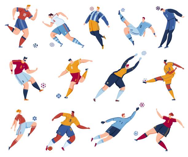stockillustraties, clipart, cartoons en iconen met de eigenschap van de voetbalvoetbalspelerdector, beeldverhaal vlakke voetballersinzameling met atleetmensen springt hoog, schopbal - voetbal teamsport illustraties