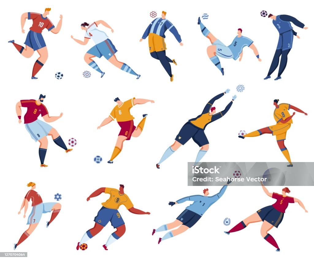 Football Soccer Player Vector Illustration Set Cartoon Flat Footballers  Collection With Athlete People Jump High Kick Ball Stock Illustration -  Download Image Now - iStock
