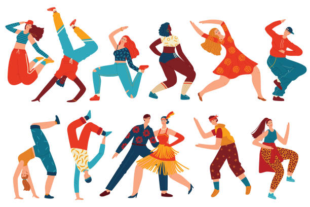 ilustrações, clipart, desenhos animados e ícones de as pessoas dançam conjunto de ilustração vetorial, desenho animado flat woman homem dancer personagens coleção com adolescentes dançando hip hop, twerk - pattern music backgrounds city