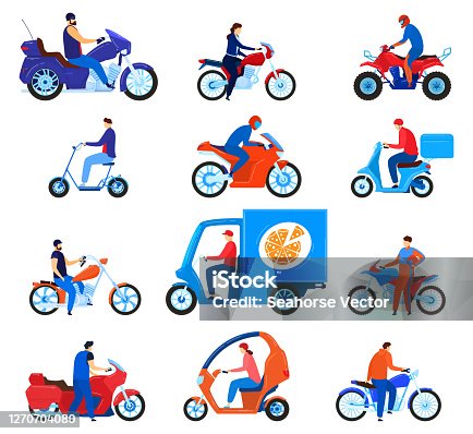 istock City transport motorbikes vector illustration set, cartoon flat driver characters on bikes, riders driving motorcycle, scooter 1270704080