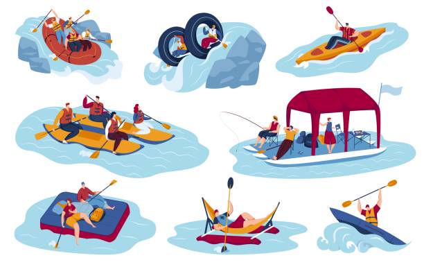 ilustrações de stock, clip art, desenhos animados e ícones de water sport tourism vector illustration set, cartoon flat tourist sportman character riding boat or kayak, kayaking, rafting - rowboat nautical vessel men cartoon