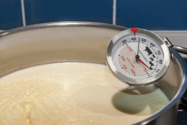 istock Thermometer inside the pot of boiled milk for making yoghurt. 1270705377