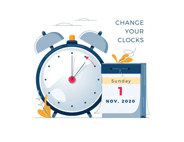 Vector illustration of Daylight Saving Time ends concept. The hand of the clocks turning to winter time. Calendar with marked date, text Change your clocks. DST ends in usa, vector illustration in modern flat style design