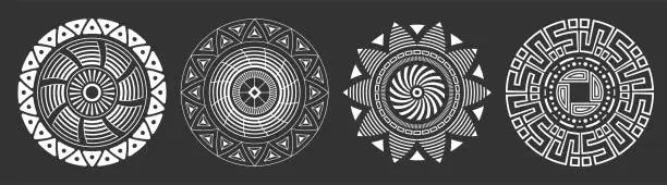 Vector illustration of Set of four abstract circular ornaments. Decorative patterns isolated on black background.