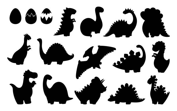 illustrazioni stock, clip art, cartoni animati e icone di tendenza di dinosauro nero silhouette set forma vettore - fantasy flying dragon monster