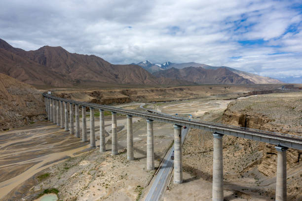 istock High speed railway bridge in plateau desert with blue sky and white clouds background 1270715763