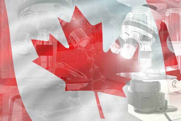 istock Microscope on Canada flag - science development conceptual background. Research in vaccine or pharmaceutical industry, 3D illustration of object 1270716656
