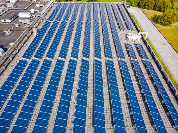 istock Solar panels installed on factory roof 1270717308