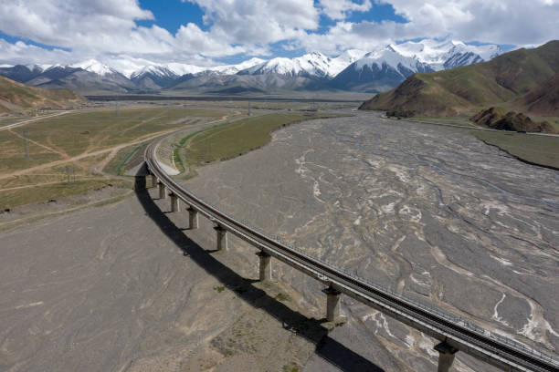 istock High speed railway bridge in plateau desert with blue sky and white clouds background 1270719714