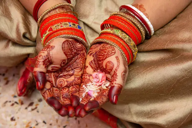 Photo of Human hand decorated with henna tattoo also called Mehendi