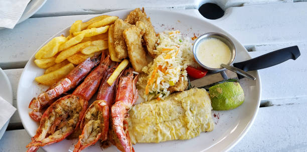 Shot of king prawns served with a variety of seafood on a platter