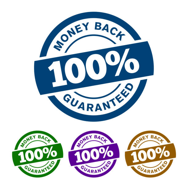 Simple 100% Money Back Guaranteed Vector badge icon with colorful variants ribbon on top isolated on white background. 100% MONEY BACK GUARANTEED badge will ensure that there is a refund policy for you, if you think the product is not for you at all. paid stock illustrations