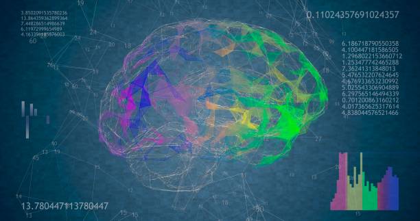 istock Rotating 360 low polygonal brain 3D model on blue background with animated numbers and diagrams. 4k animation 1270741172