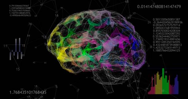 istock Rotating 360 low polygonal brain 3D model on black background with animated numbers and diagrams. 4k animation 1270741179