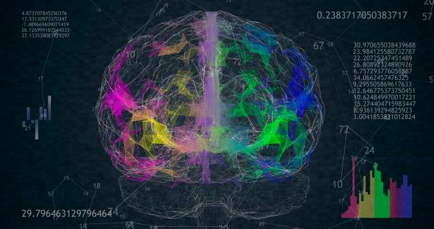 istock low polygonal brain 3D model on black background with animated numbers and diagrams. 3D illustration 1270741190