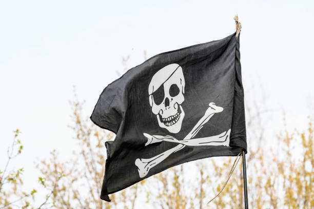 3d render illustration of pirate flag with skull and bones.
