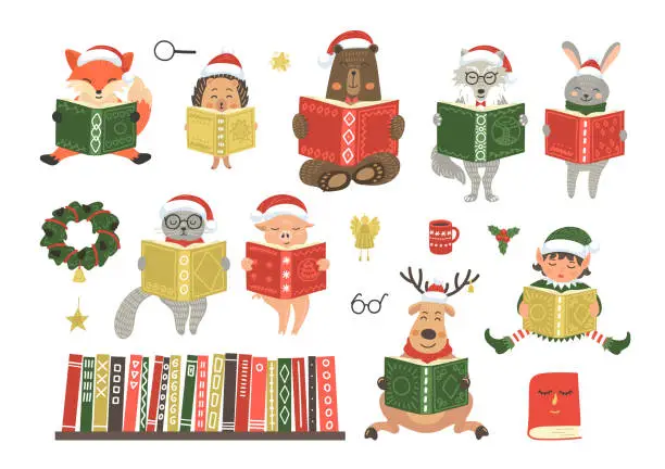 Vector illustration of Christmas cute characters read books