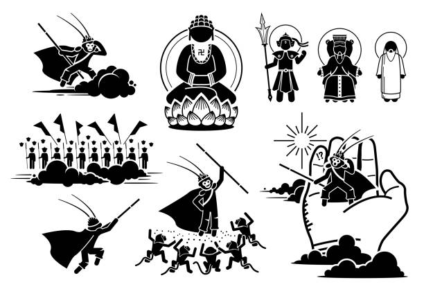 Journey to the West, Sun Wukong challenge and fighting at heaven icons. Vector illustrations of Monkey King vs Gods and Buddha. cartoon of the famous chinese warriors stock illustrations