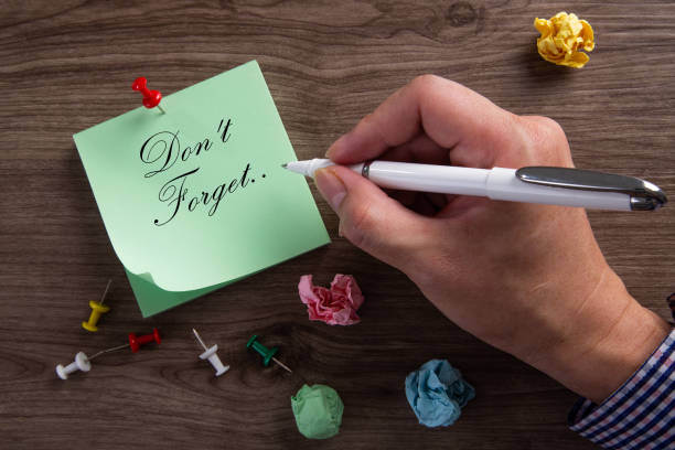 istock Don't forget on sticky note man hand writing on wood table 1270744031