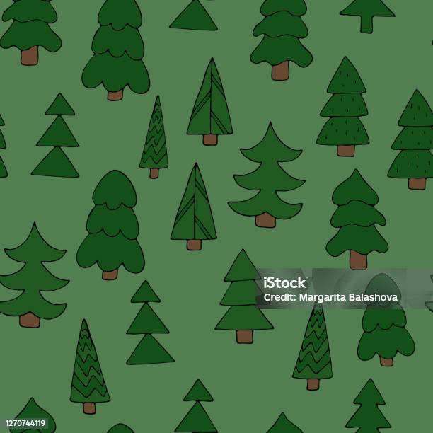 Pretty Simple Tree Cute Simple Trees On Green Background Vector Seamless Pattern In Doodle ...