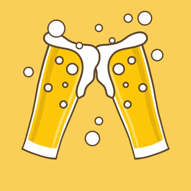 Vector illustration of Beer glasses, two beer glasses with foam on a yellow background. Vector, cartoon illustration. Vector.
