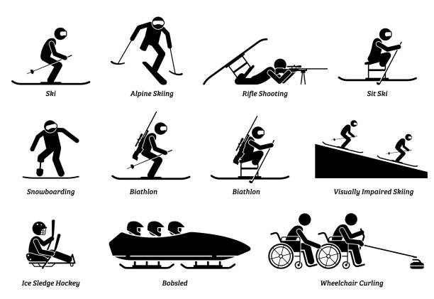 Disabled winter sports and games for handicapped athlete stick figures icons. Vector symbols of skiing, snowboarding, biathlon, ice sledge hockey, and wheelchair curling for physical disabilities. signs and symbols stock illustrations