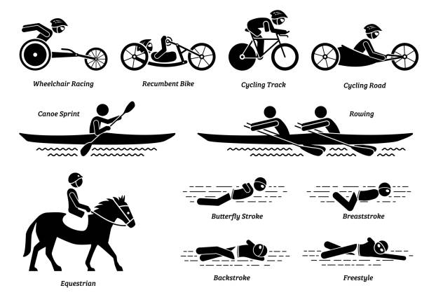 장애인 선수 스틱 피규어 아이콘에 대한 장애인 레이싱 스포츠와 게임. - physical impairment athlete sports race wheelchair stock illustrations